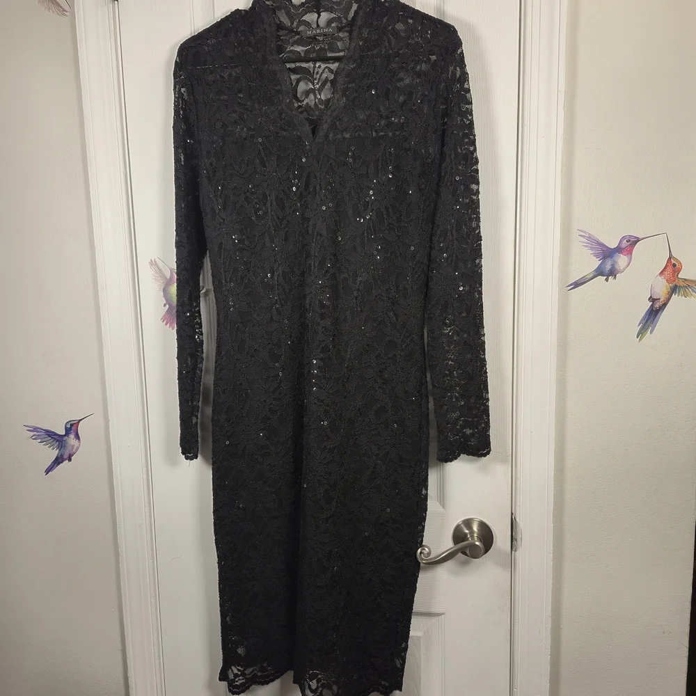 MARINA Black Sequin Lace Long Sleeve Mini Dress Size 12 Cocktail Evening LBD - Picture 3 of 9